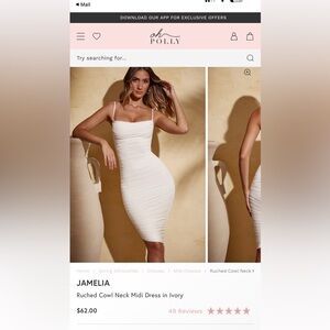 JAMELIA
Ruched Cowl Neck Midi Dress in Ivory